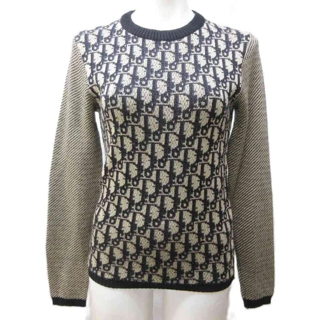 Dior Tricots Oblique Knit Sweater Logo Pattern Crew Neck Long Sleeve 42 M Beige in Beige Resin from The Reluxe
