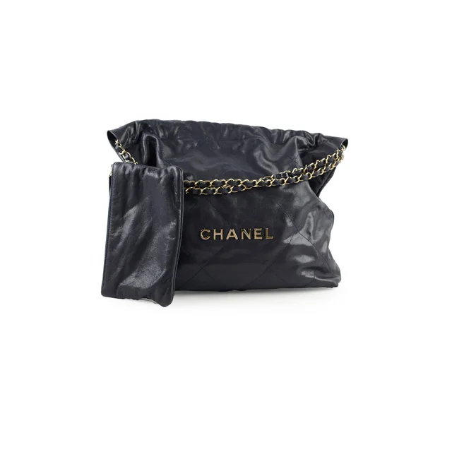 Chanel Small 22 Bag Navy Caviar Light Gold Hardware in Navy Caviar leather from The Purse Affair