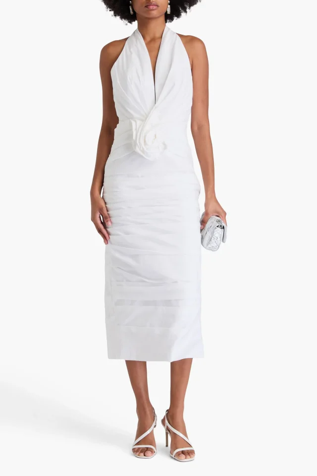 Carolina Herrera Floral-Appliquéd Cotton-Blend Poplin Halterneck Midi Dress in White, photo 2 of 4 from THE OUTNET