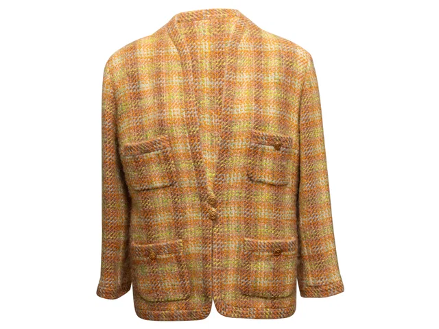 Vintage Orange & Multicolor Chanel Boutique Wool Plaid Jacket Size FR 44 in Orange Wool from Designer Revival