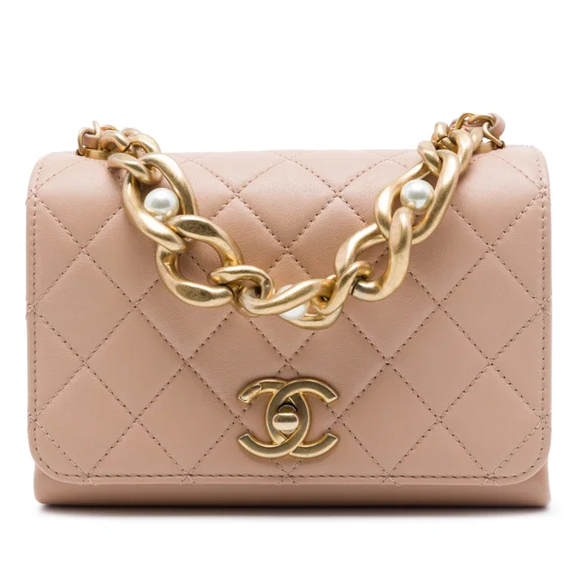 Tan Chanel Mini Quilted Calfskin Pearl Boy Chain Flap Satchel in Brown Calfskin from Designer Revival