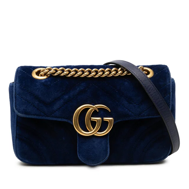 Blue Gucci Small GG Marmont Matelasse Velvet Shoulder Bag in Blue Velvet from Designer Revival