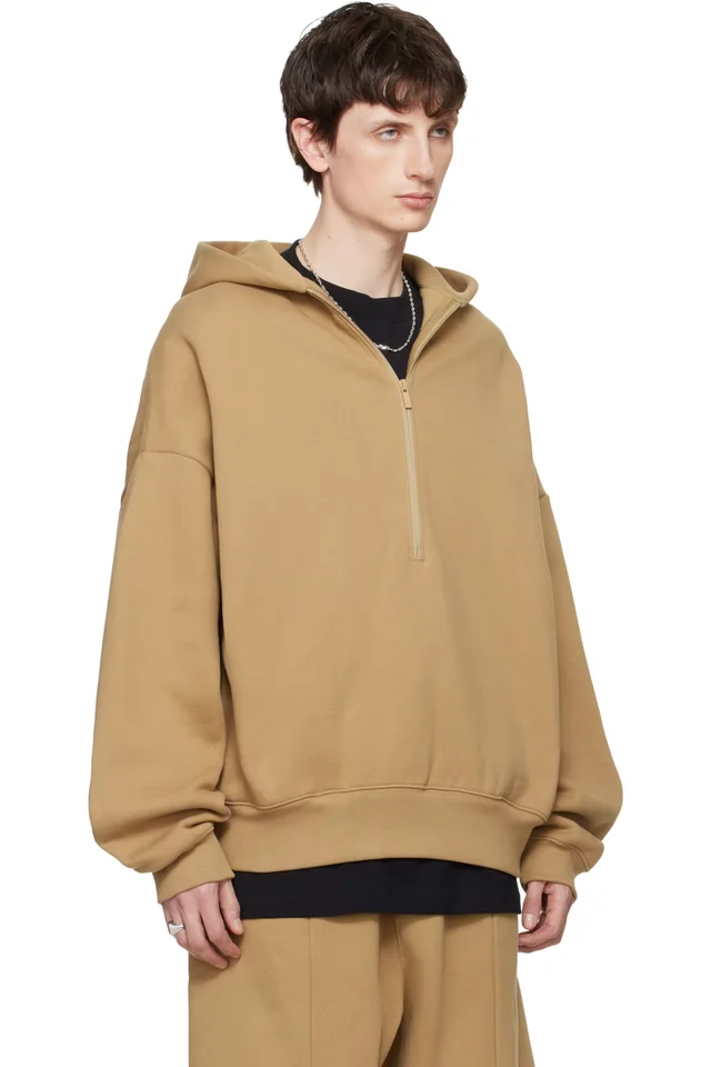 Fear of God ESSENTIALS Tan 'Property' Lounge Half Zip Hoodie, photo 2 of 4 from SSENSE