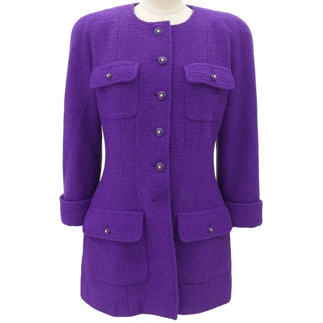Chanel Collarless CC Mark Button Jacket #40 Purple in Purple Nylon from VINTAGE QOO TOKYO