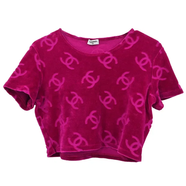 Chanel Short Sleeve Top Pink Velour #42 in Pink Nylon from AMORE Vintage Tokyo