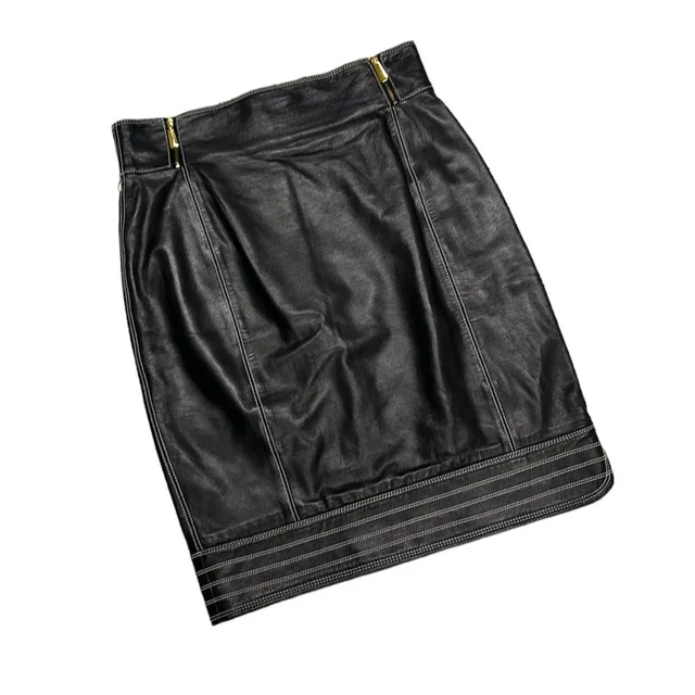 Escada Vintage Leather Pencil Skirt Classic Biker Core Quiet Luxury Black 10 in black|white Leather from Poshmark