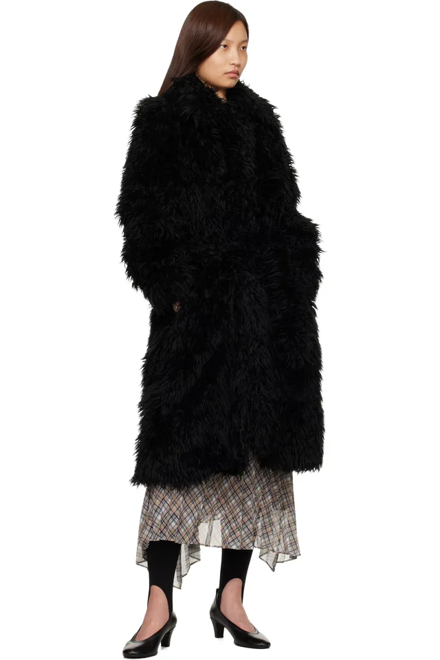 Acne Studios Black Belted Faux-Fur Coat, photo 4 of 4 from SSENSE