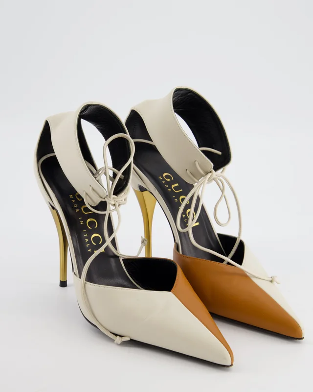 Gucci White and Brown Priscilla Charlotte Ankle Cuff Heel in Nappa Leather with Gold Heel Size EU 39.5 in Brown Nappa leather from Sellier, photo 2 of 2