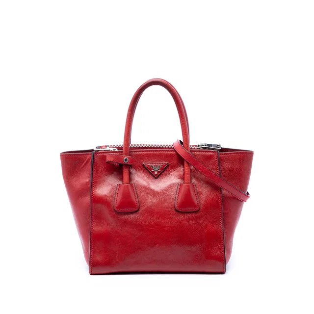 Red Prada Glace Calf Twin Pocket Satchel in Red Leather from Designer Revival