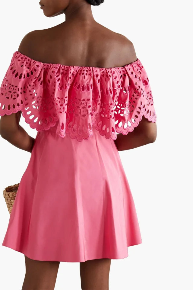 Valentino Garavani Off-the-Shoulder Broderie Anglaise Cotton-Blend Mini Dress in Pink, photo 3 of 4 from THE OUTNET