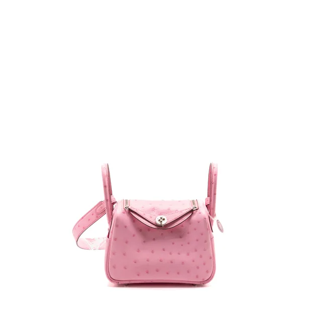 Hermès Mini Lindy Ostrich Rose Bubblegum SHW Stamp W in Pink Ostrich from EMIER