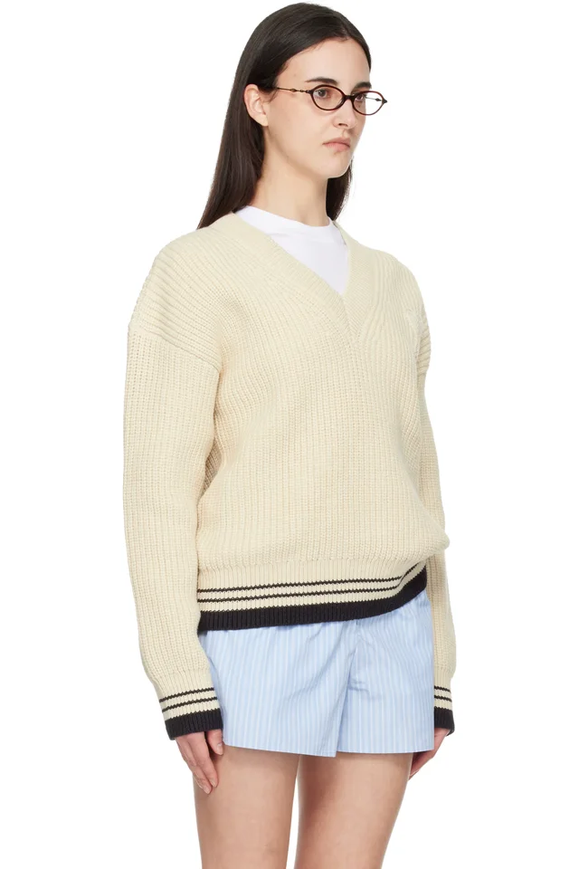 AMI Paris White Ribbed Wool V Neck Ami de Coeur Sweater, photo 2 of 4 from SSENSE