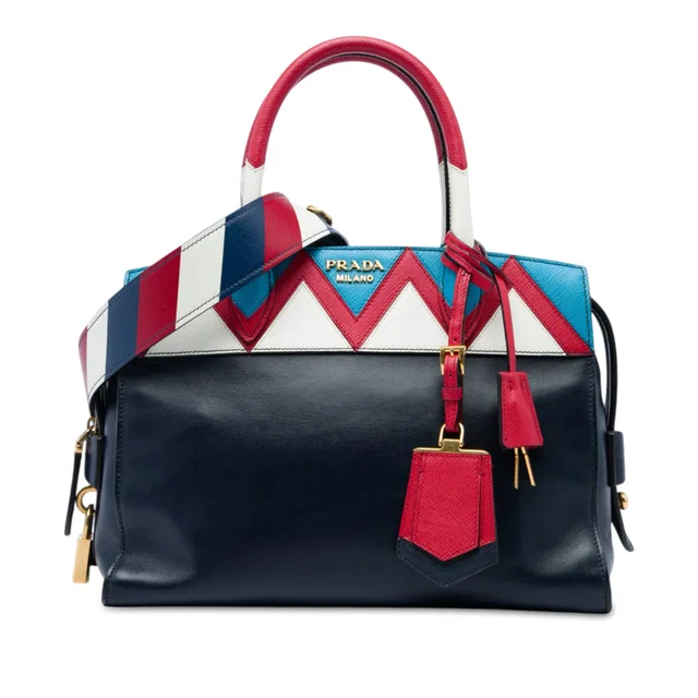 Blue Prada Medium Saffiano Trimmed City Calf Greca Esplanade Satchel in Blue Saffiano leather from Designer Revival