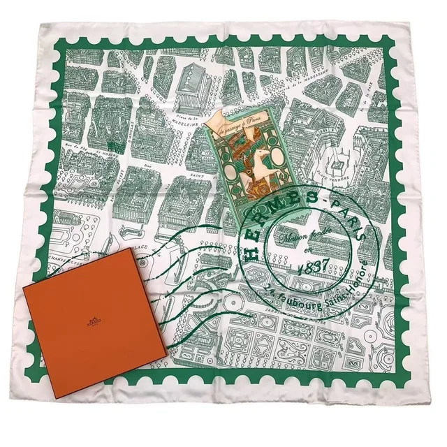 Hermès Carre 90 de Passage Paris Silk Scarf Green in Green Silk from The Reluxe