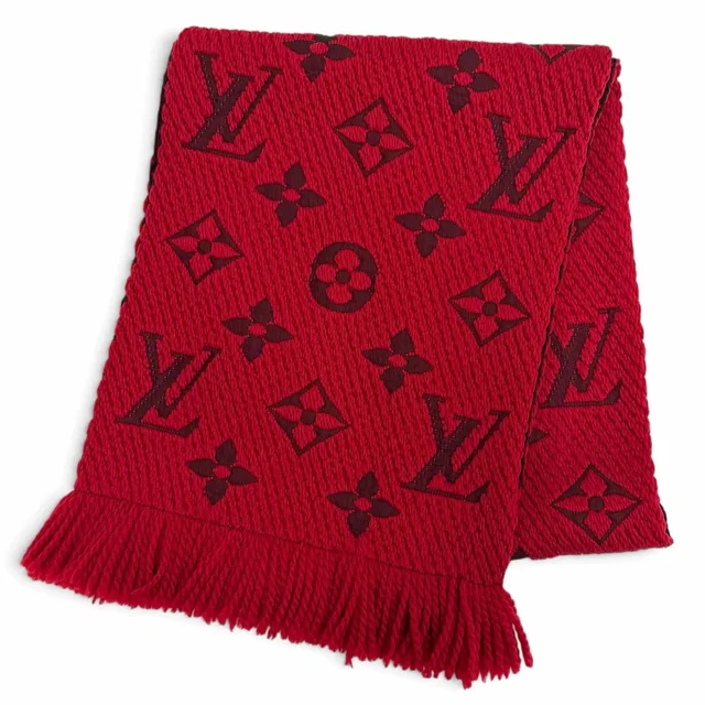 Louis Vuitton Logomania Scarf Wool Silk Ruby Monogram Fringe in Silk from The Reluxe