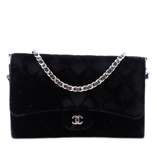 Black Chanel CC Quilted Velvet Wallet on Removable Chain Shoulder Bag in Black Velvet from Designer Revival