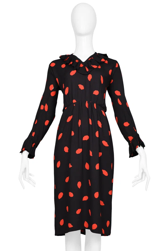 Saint Laurent Black & Red Print Silk Day Dress in Black Silk from Resurrection Vintage