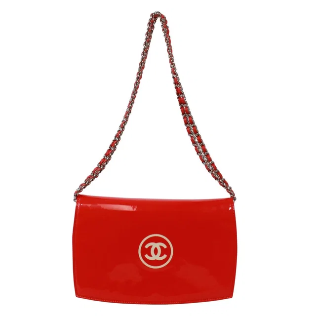 Chanel CC Logo Patent Leather Red Chain Shoulder Bag Silver in Red Patent leather from The Reluxe
