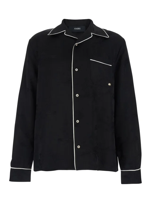 Black Long-Sleeved Shirt with Cuban Collar and Tone-on-Tone Floral Embroidery in Viscose for Men in Black, image 1 of 1 from Gaudenzi Boutique