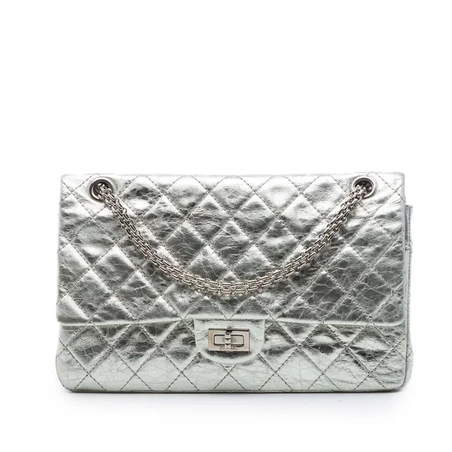 Silver Chanel Quilted Metallic Aged Calfskin Reissue 2.55 Double Flap 226 Shoulder Bag in Silver Calfskin from Designer Revival