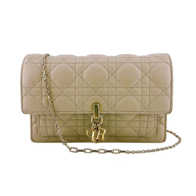 Lady Dior Logo Leather Wallet Chain Beige Handbag in Beige Leather from The Reluxe