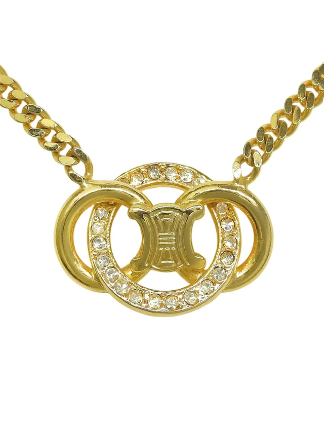 Celine Rhinestone Circle Macadam Plate Necklace Gold in Gold from VINTAGE QOO TOKYO