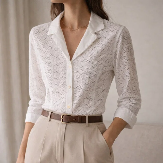 Escada Eyelet Cotton Button Down Shirt in white from Poshmark