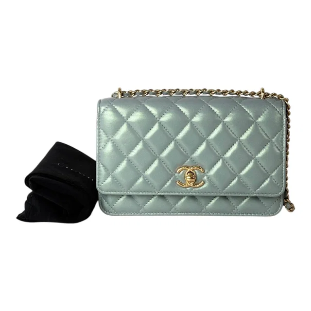 Chanel Pearl Light Green Quilted Leather Wallet on Chain in Green Leather from Luxury Promise