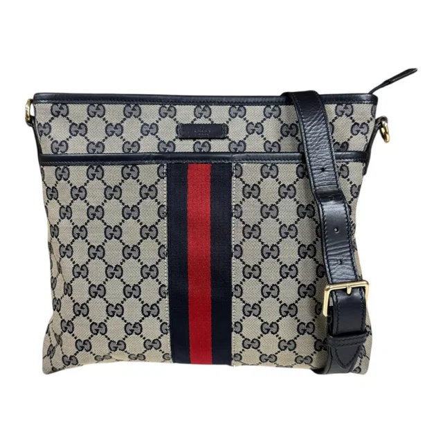 Gucci Sherry GG Canvas Shoulder Bag Beige Navy in Beige Canvas from The Reluxe