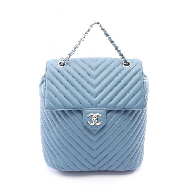 Chanel Backpack Chevron V-stitch Blue Lambskin Chain in Blue Lambskin from The Reluxe