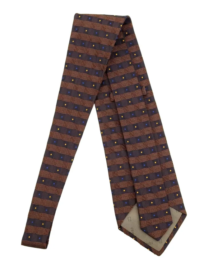 Fendi Design Pattern Tie Navy/Brown in Brown Silk from VINTAGE QOO TOKYO, photo 2 of 5