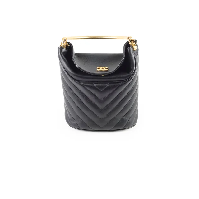 Chanel Chevron Quilted Top Handle Bucket Bag Black in Black Lambskin from The Purse Affair