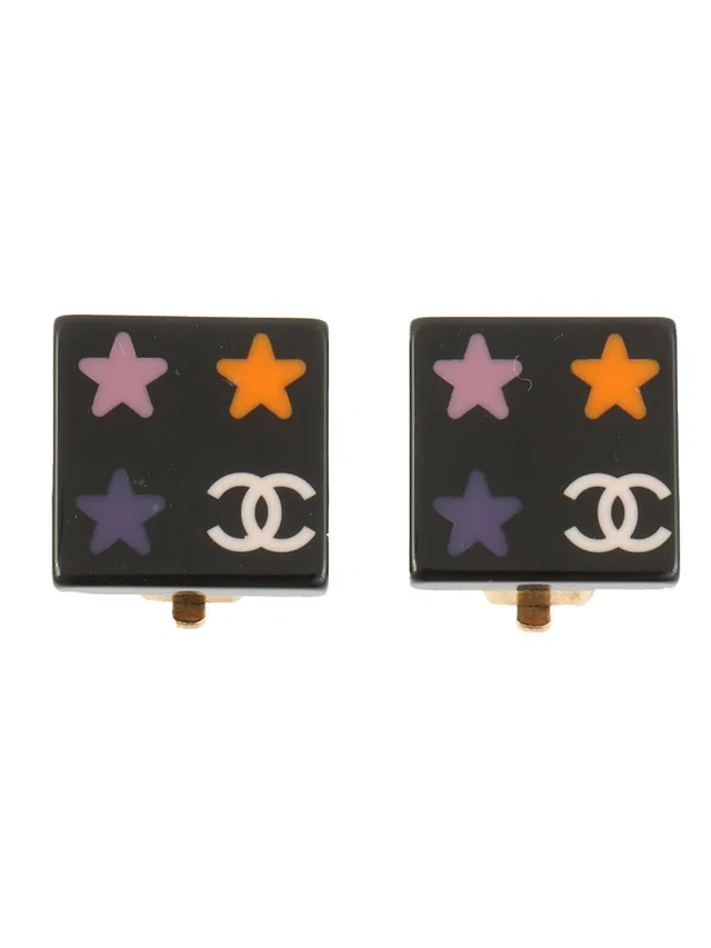 Chanel 2003 Square Star CC Mark Earrings Black/Multi in Black from VINTAGE QOO TOKYO