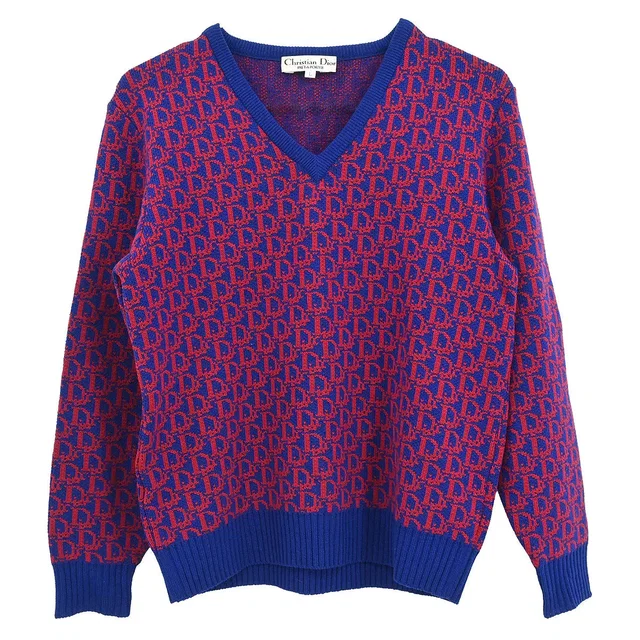 Dior Trotter Sweater Navy Red #L in Red Wool from AMORE Vintage Tokyo