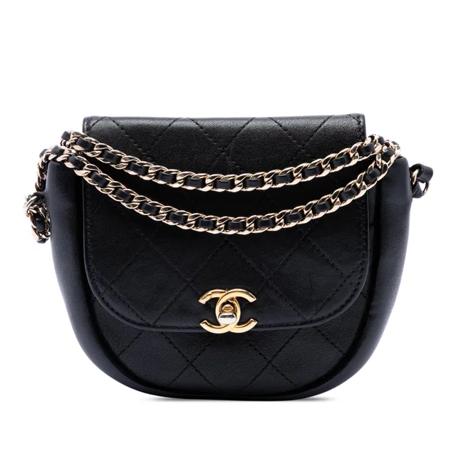 Black Chanel Small CC Quilted Lambskin Messenger Flap Crossbody Bag in Black Lambskin from Designer Revival
