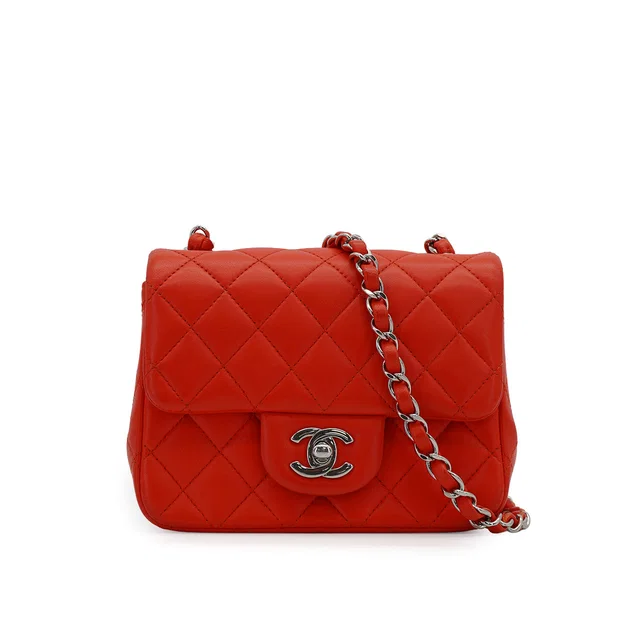 Chanel Mini Square 17 Chain Shoulder Bag Red Lamb Skin Silver Hardware in Red from Luxury Promise