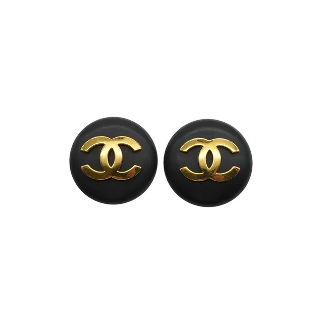 Chanel Vintage Earrings Round Cocomark Black Gold Accessory 25 in Black from Luxury Promise