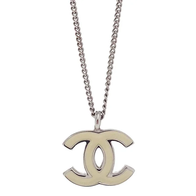 Chanel CC Chain Necklace Silver White 02C in White from AMORE Vintage Tokyo