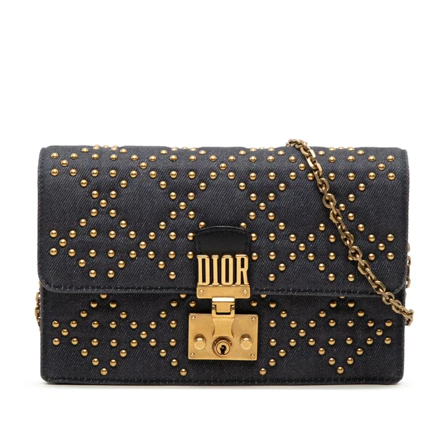 Blue Dior Denim Cannage Studded DiorAddict Wallet on Chain Crossbody Bag in Blue Denim from Designer Revival