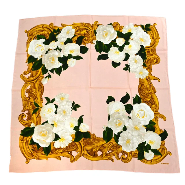 Chanel Pink White Camellia Scarf Small Good in White Silk from AMORE Vintage Tokyo