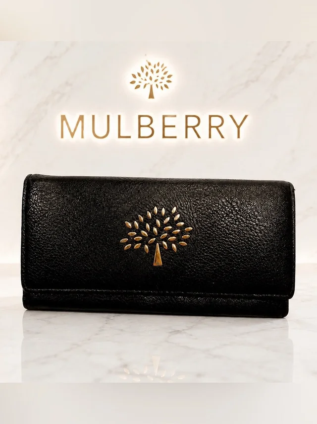 Mulberry Black Leather Continental Wallet With Gold Tree Motif in gold|black Leather from Poshmark