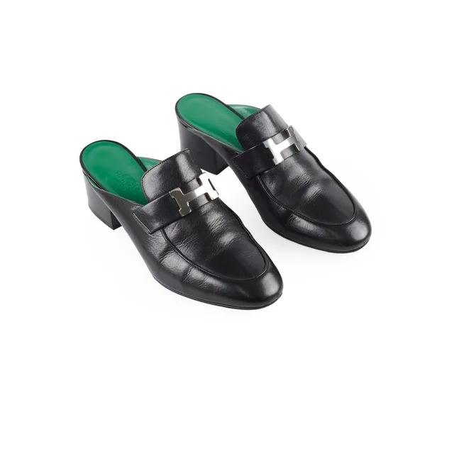 Hermès Paradia Mules Size 36.5 Black in Black Leather from The Purse Affair