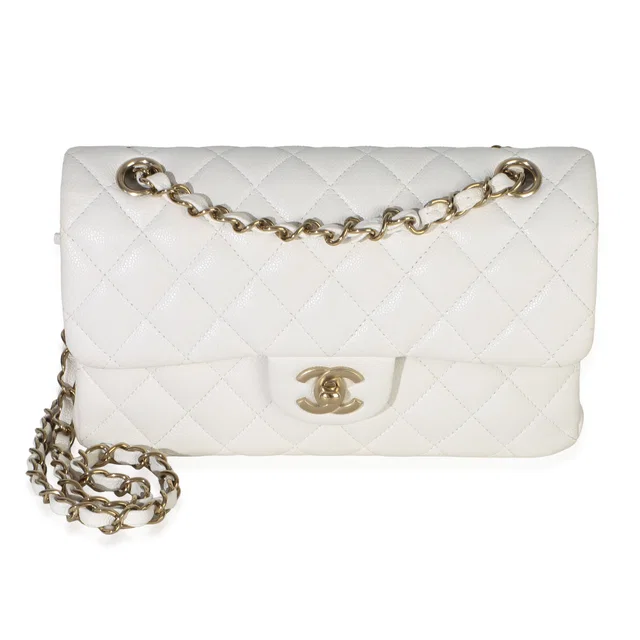 Chanel White Quilted Caviar Small Classic Double Flap Handbag Leather in White Caviar leather from HEWI