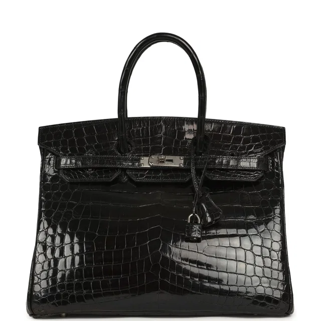 Hermès Vintage Birkin 35 Black Shiny Niloticus Crocodile Palladium Hardware in Black Crocodile from Madison Avenue Couture