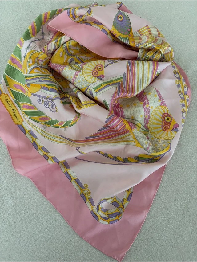 Ferragamo Pink, Yellow & Green Silk Scarf in yellow|pink Silk from Poshmark