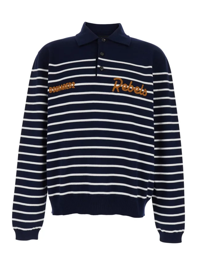 Dsquared2 Blue Long Sleeve Polo Shirt with Logo Embroidery on the Front and All-Over Stripe Motif in Cotton for Men in Blue 100% Cotton from Gaudenzi Boutique, photo 1 of 1