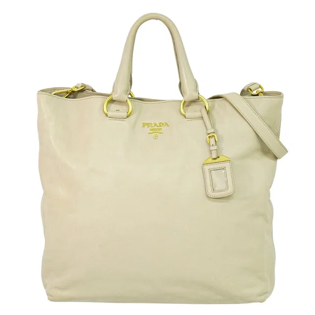 Prada 2-Way Shoulder Bag Tote Beige Outside in Beige Leather from The Reluxe