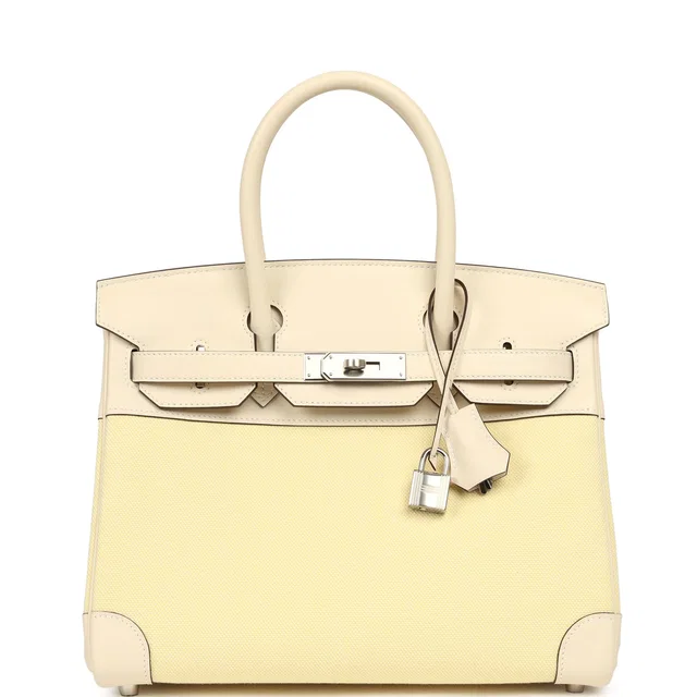 Hermès Birkin 30 Jaune Poussin Toile H Canvas Nata Swift and Palladium Hardware in Yellow Swift leather from Madison Avenue Couture