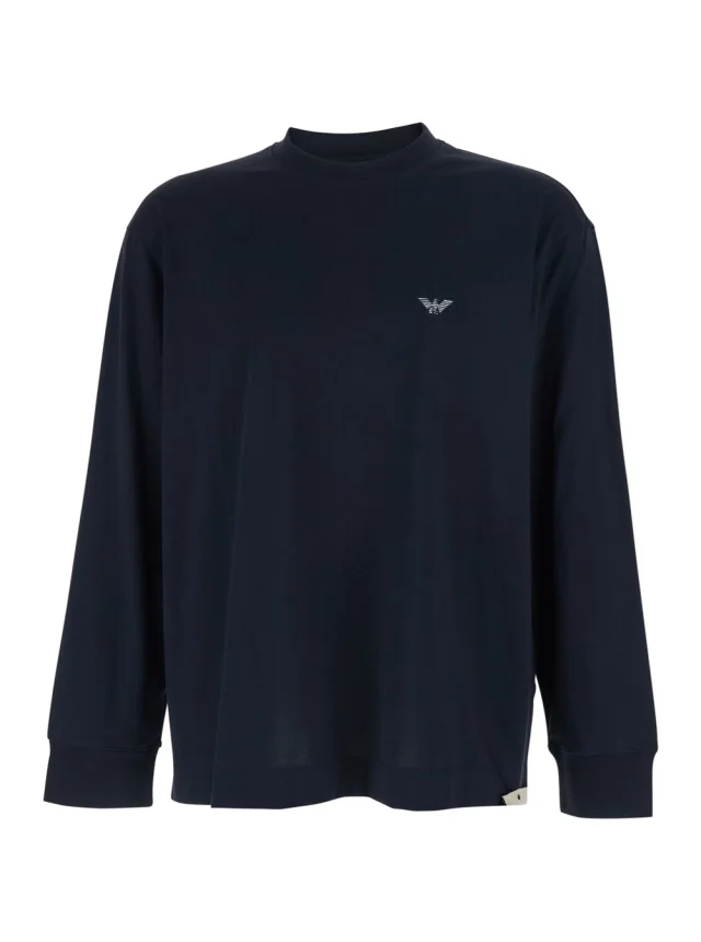 Long Sleeve Crew Neck T-Shirt with Logo Embroidery on the Front in Blue Cotton for Men in Blue, image 1 of 1 from Gaudenzi Boutique