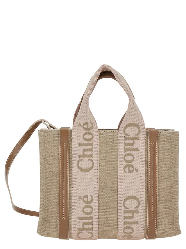 Chloé Woody Piccola Tote Bag — Beige Linen in Beige Leather from HEWI